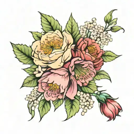 bouquets with carnation, narcissus, snowdrop and holly tattoo design idea