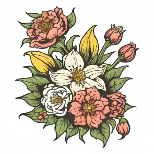 bouquet with carnation, narcissus, snowdrop and holly tattoo design idea