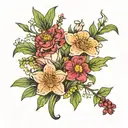 bouquets with carnation, narcissus, snowdrop and holly tattoo design idea