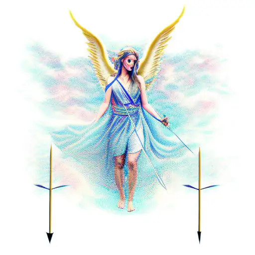 angel in flowing robes with drawn arrow  tattoo design idea