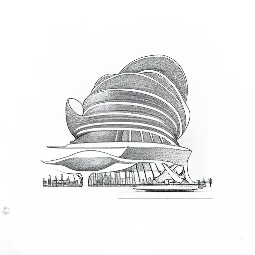 Outline combining the Guggenheim museum in Bilbao and the Cloud gate sculpture in Chicago.  With one continuous line tattoo design idea