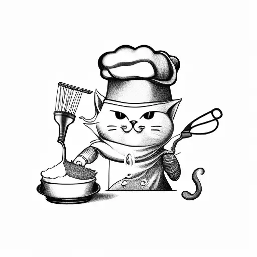 A black-grey tattoo of a baking cat wearing a chef's hat and holding a whisk tattoo design idea