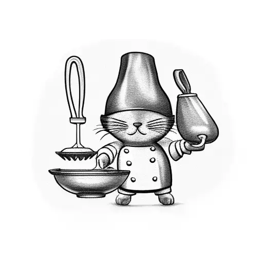 A black-grey tattoo of a baking cat wearing a chef's hat and holding a whisk tattoo design idea