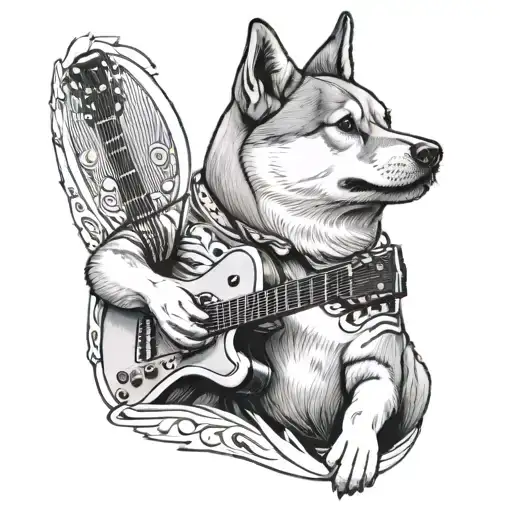 A Shiba Inu dog playing a guitar with a family portrait in the background tattoo design idea