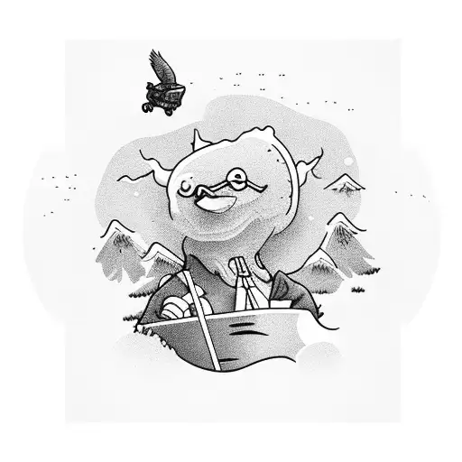 A ski hill barista surrounded by flying fried chicken tattoo design idea