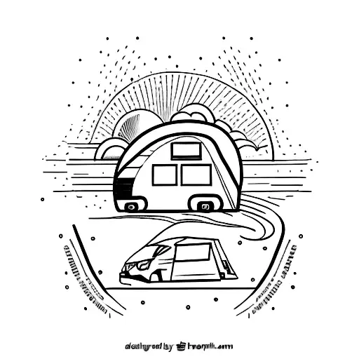 A minimalist tattoo of a motorhome, sunset bakground, written "'30" for my 30th birthday tattoo design idea