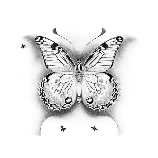 A realistic black and white photograph camera surrounded by vibrant butterflies tattoo design idea