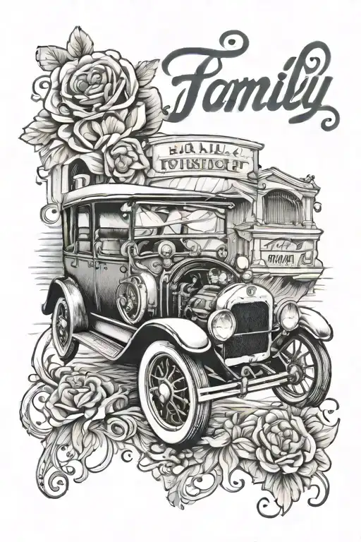 An intricate tattoo design of a vintage car with the words 'Family First' incorporated into the design, representing the client's love for both family and driving tattoo design idea