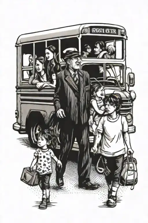 A bus driver holding hands with their family, with their daughters playing around them tattoo design idea
