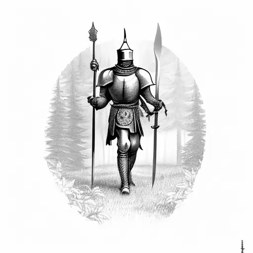 heraldic Knight walking out of the forest with boar spear in the twilight  tattoo design idea