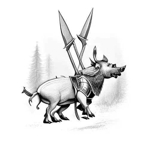heraldic Knight walking out of the forest with boar spear, in the twilight  tattoo design idea