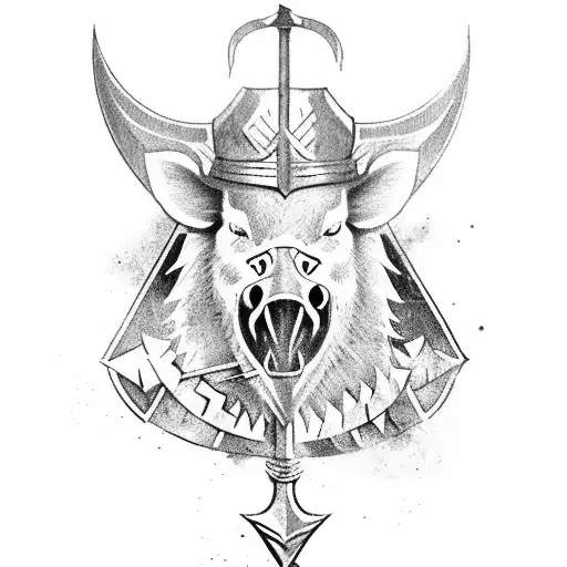 heraldic Knight walking out of the forest with boar spear in the twilight  tattoo design idea