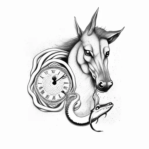 a card of spade, clock, Horse, snake, wolf mix tattoo design idea