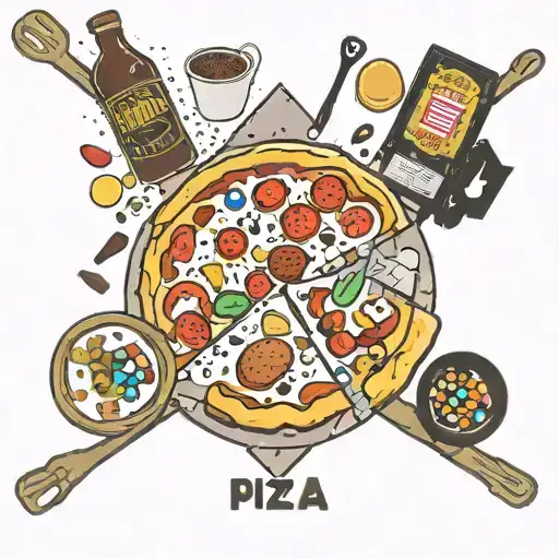 pizza with salt being shaken on it, diet doctor pepper, peanut m&m bag,  chocolate cake, crab legs, bible with cross  tattoo design idea