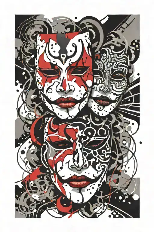 comedy and tragedy masks staring at each other tattoo design idea