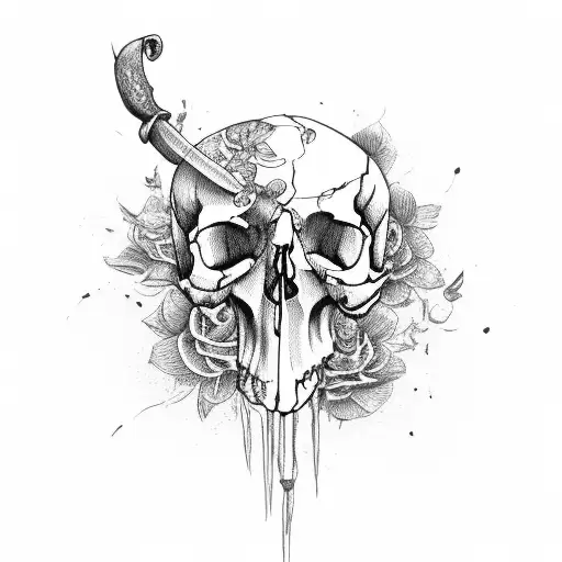Scythe behind a skull with rotting flowers around the bottom of the skull tattoo design idea