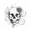 Scythe behind a skull with rotting flowers around the bottom of the skull tattoo design idea