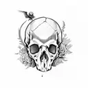 Scythe behind a skull with rotting flowers around the bottom of the skull tattoo design idea