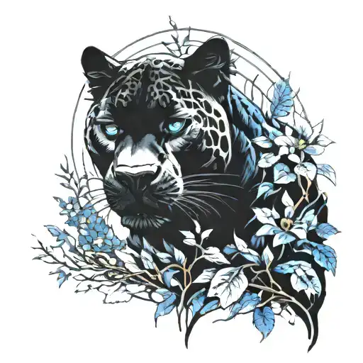 Realistic black panther with blue eyes in a dark forest tattoo design idea
