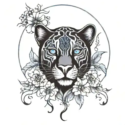black panthera with blue eyes with flowers and moon tattoo design idea