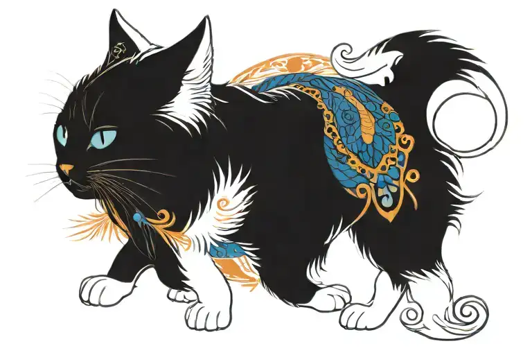 cat memorial piece, pride and prejudice, orange and white cat, peacock tattoo design idea