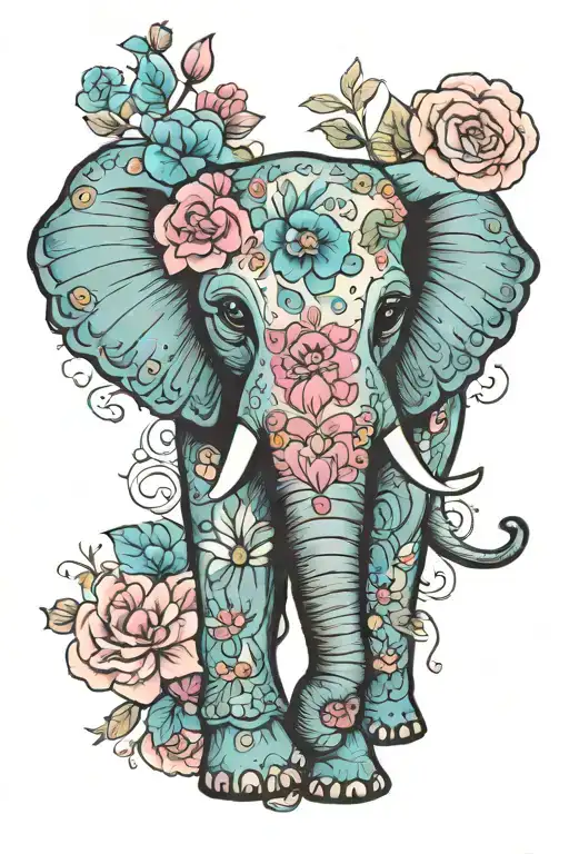 day of the dead elephant pink and blue flowers tattoo design idea