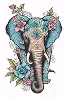 day of the dead elephant pink and blue flowers tattoo design idea