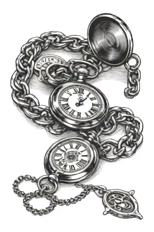 Pocket watch showing 1:07 with roman numerals for 16 01 2019 and a wedding ring hanging from the chain tattoo design idea