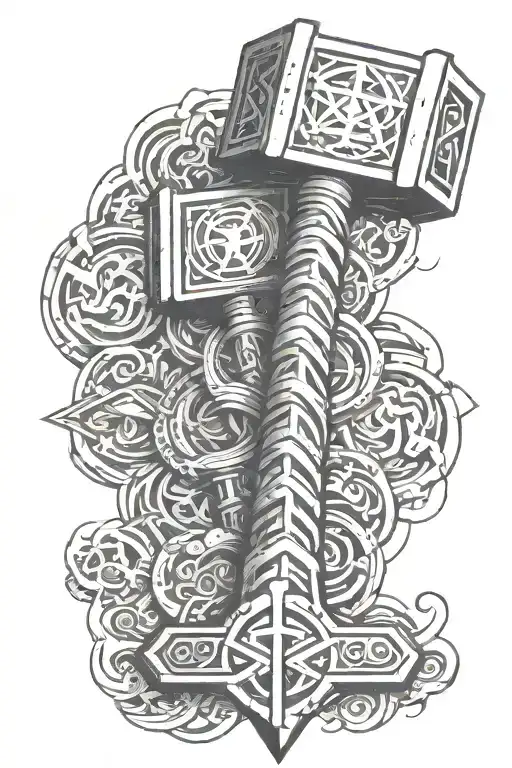thor hammer and pentacle tattoo design idea