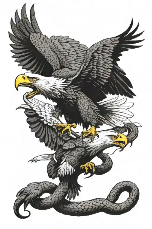 eagle grabbing a snake with his claw fighting each other while flying tattoo design idea