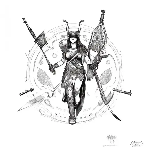 Athena with weapons down tattoo design idea