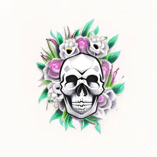 Skull and wolf with deadly flowers tattoo design idea