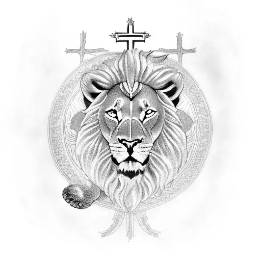 Christian cross with lion and Jesus with throne crown tattoo design idea