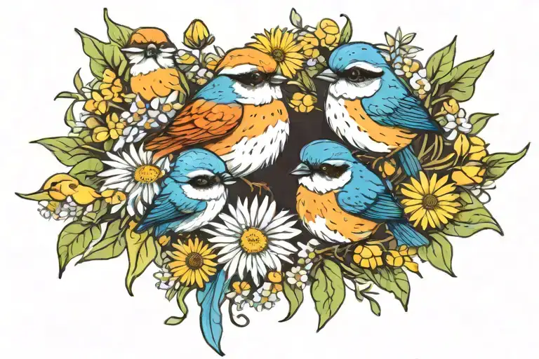 3 gumnut babies together with daisies, daffodils and crysanthemum flowers and a little blue fairy wren bird tattoo design idea