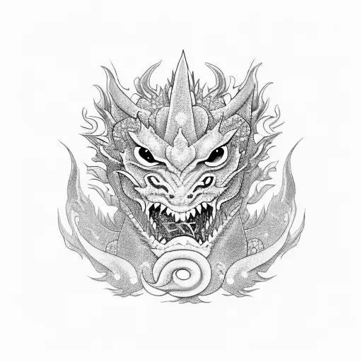 Capture the essence of your favorite things, dragons and hannya, in a blackwork tattoo design featuring a fierce dragon entwined with a hannya mask in an oriental-inspired composition. tattoo design idea