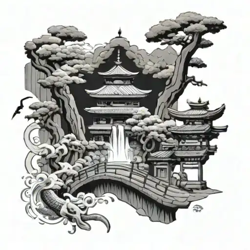 samurai and japanese temple and waterfall and koi fish and japanese woodworking and damascus steel tattoo design idea