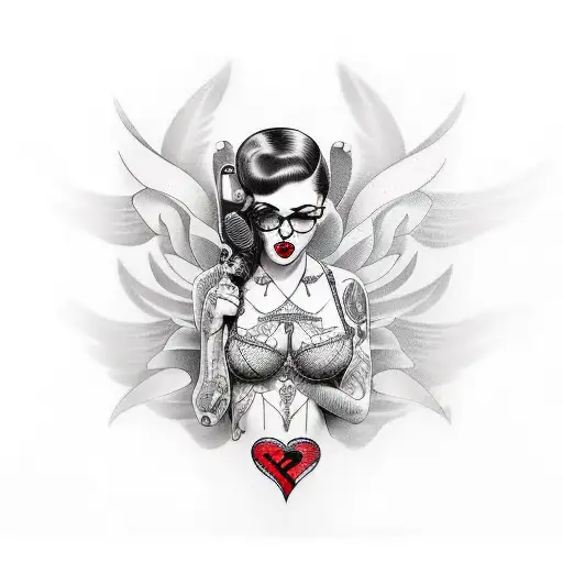 pinup girl with tattoos and acoustic guitar tattoo design idea