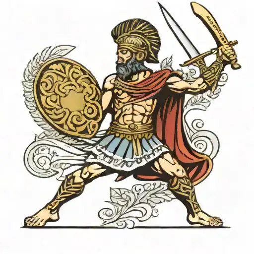 Greek warrior in a heroic pose, Classic meander pattern, Olive and laurel leaves for victory Greek phrases know yourself tattoo design idea