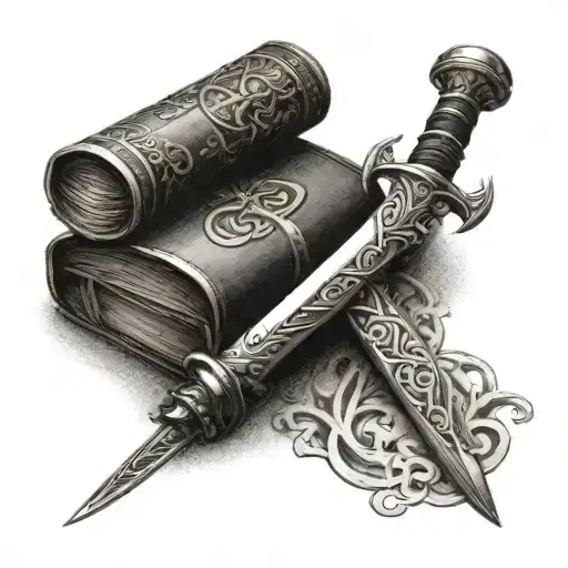 Create a tattoo of a book with a sword piercing through it, symbolizing the power of knowledge and strength tattoo design idea