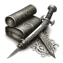 Create a tattoo of a book with a sword piercing through it, symbolizing the power of knowledge and strength tattoo design idea