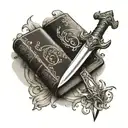 Create a tattoo of a book with a sword piercing through it, symbolizing the power of knowledge and strength tattoo design idea