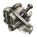 Create a tattoo of a book with a sword piercing through it, symbolizing the power of knowledge and strength tattoo design idea