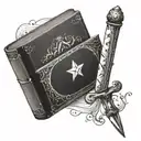 Create a tattoo of a book with a sword piercing through it, symbolizing the power of knowledge and strength tattoo design idea