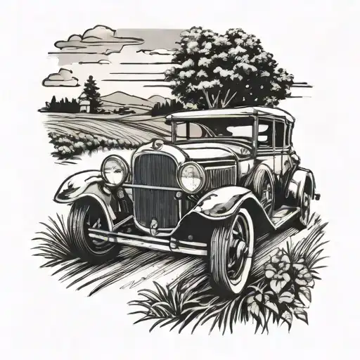 A tattoo design of a vintage car driving through a scenic Pennsylvania countryside, with a subtle Irish flag waving in the background tattoo design idea