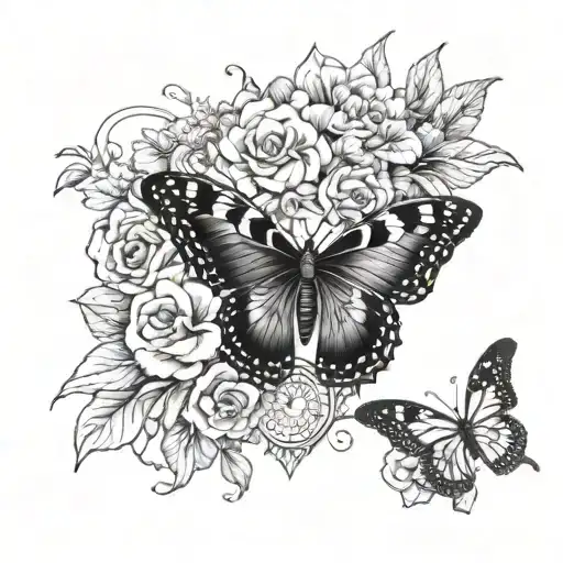 big tatto with Butterfly and flowers and jewelry ornement for thigh  tattoo design idea