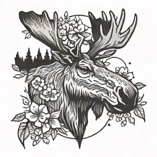 moose head with wild flowers around it tattoo design idea
