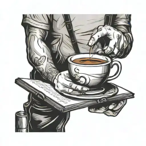 Design a tattoo featuring a barista pouring coffee into a book-shaped cup tattoo design idea