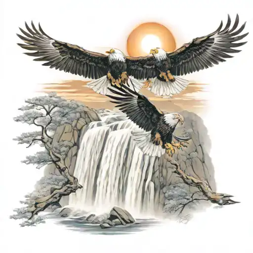 Two majestic eagles soaring over a waterfall and the sun tattoo design idea