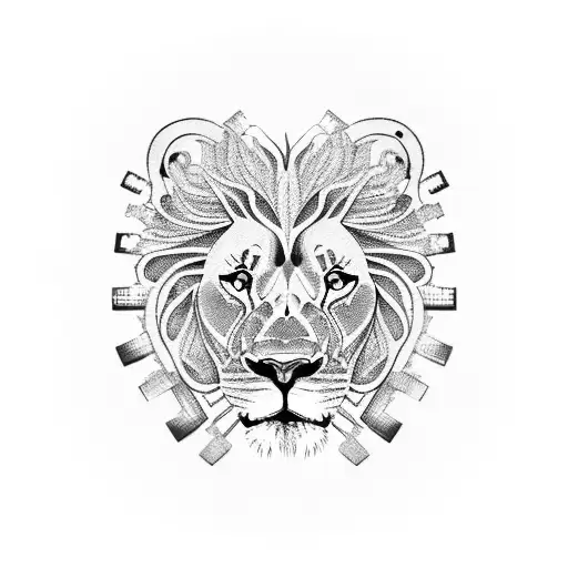 A lion's face composed of intricate tractor parts and gears tattoo design idea