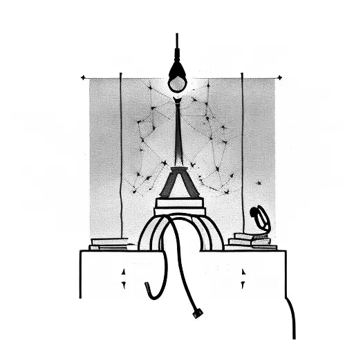A silhouette of the Eiffel Tower with a book and headphones, symbolizing the client's love for reading and podcasts while traveling. tattoo design idea